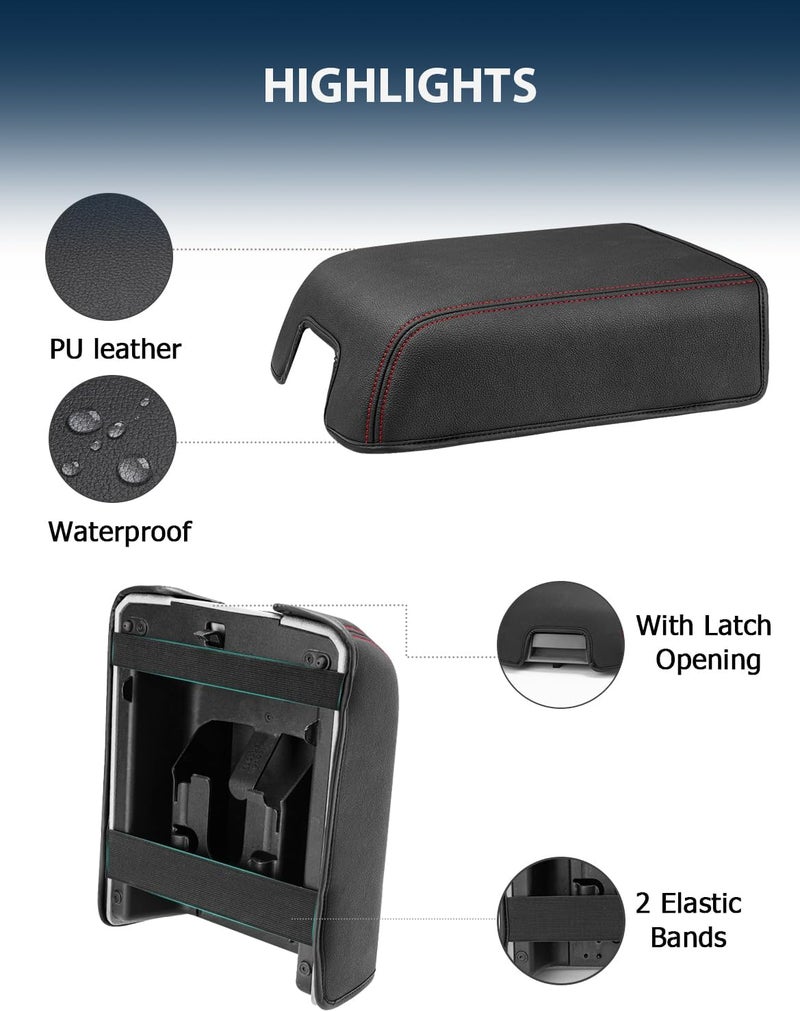 Eaglecover Center Console Cover for Ford F150 XL XLT 2004-2014, Expedition 2007-2014, Lincoln Mark LT 2006-2008, PU Leather Middle Armrest Cusion Protector, Bucket Seat Only, Anti-Scratch, Black Red Stitching - Image 5